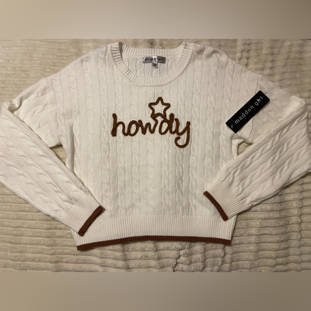 Madden Girl Cream and Brown Cable Knit Sweater